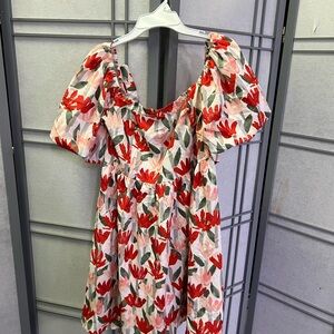 Floral Puff Sleeve Dress - Red and Pink